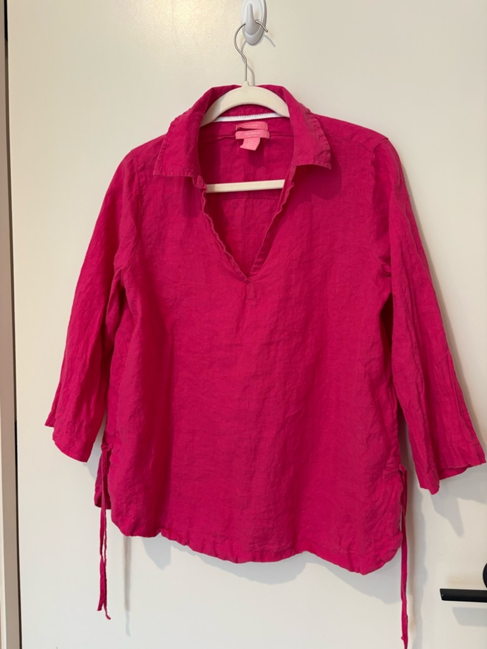 Isaac Mizrahi 100% Linen Fuchsia Pink V-Neck Collared Shirt Summer M - Picture 11 of 11